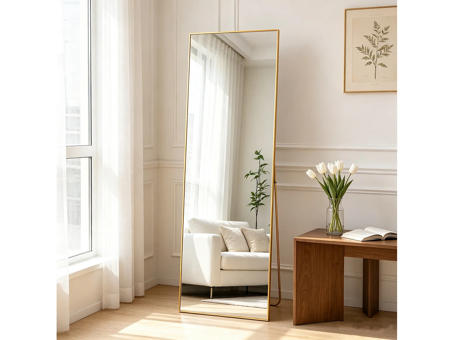 Miroir sur pied 150x40cm - Cadre en Aluminium - Corps Entier -Miroir Verre trempé - Pour chambre,salon, salle de bain - Doré