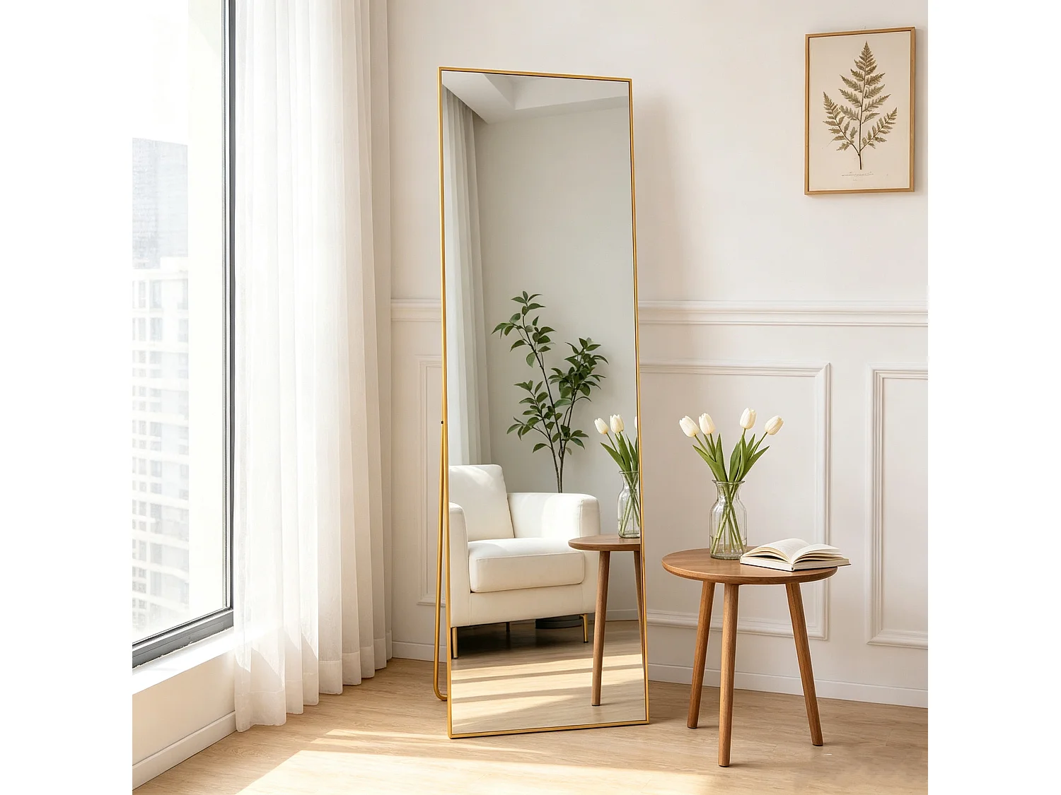 Miroir sur pied 150x40cm - Cadre en Aluminium - Corps Entier -Miroir Verre trempé - Pour chambre,salon, salle de bain - Doré