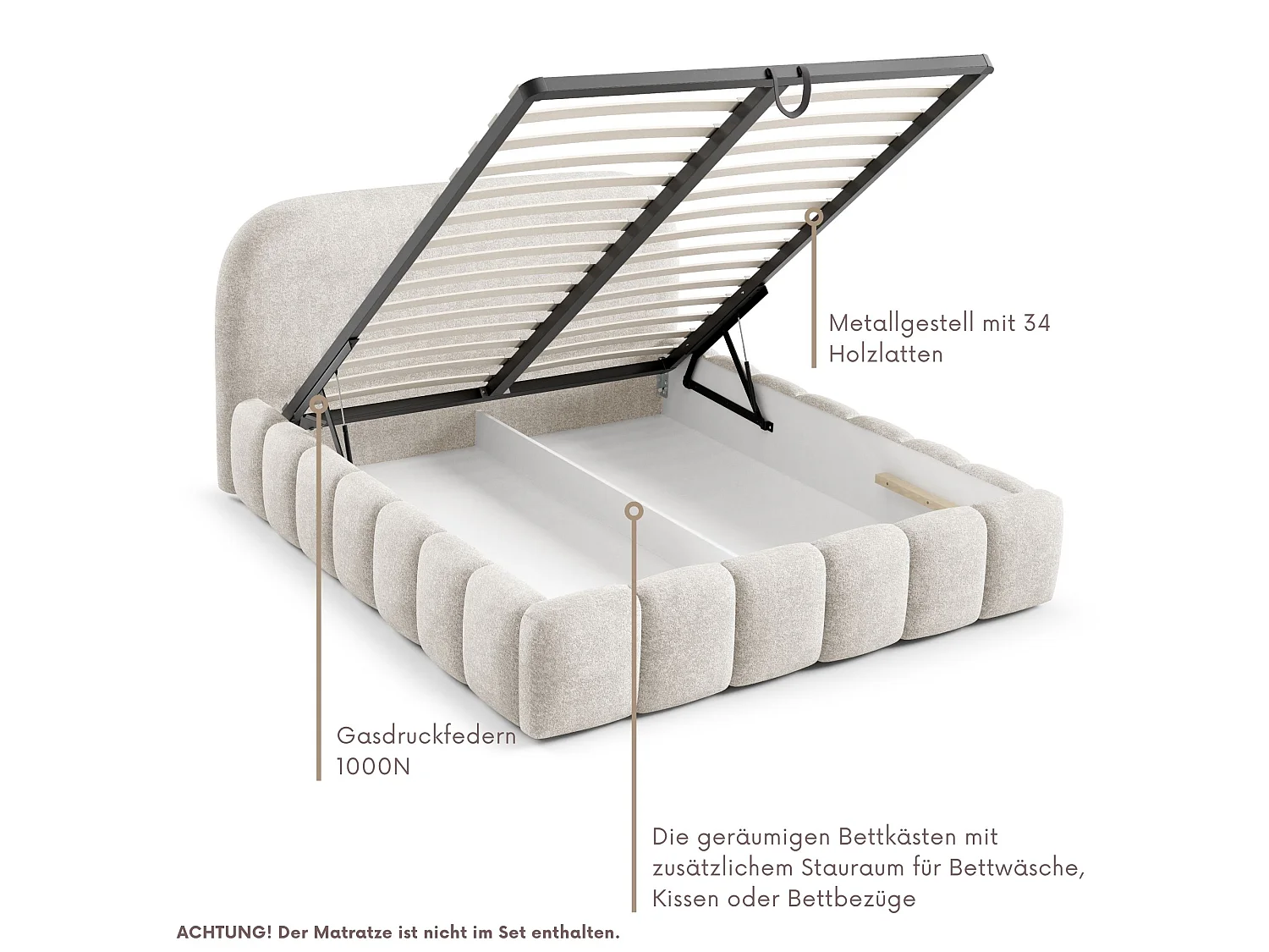 FURNISTAR Gestoffeerd bed BELLURE met opbergruimte 200x200 |Tweepersoonsbed met opbergruimte|Lattenbodem|Boxspring-look|zonder matras - Crème