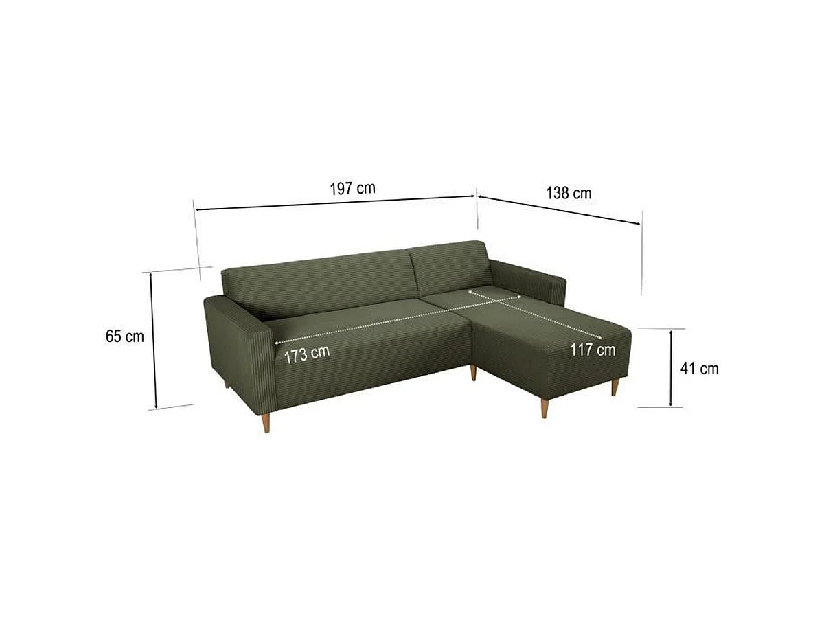 CASAPY BOB Omkeerbare Hoekbank in Khaki Corduroy Fluweel, 4 Zitplaatsen, 197 x 138 x 65 cm