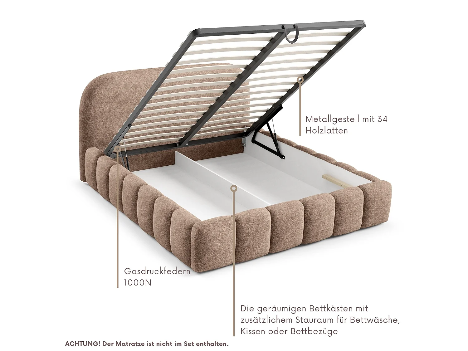 FURNISTAR Gestoffeerd bed BELLURE met opbergruimte 200x200 |Tweepersoonsbed met opbergruimte|Lattenbodem|Boxspring-look|zonder matras - Bruin