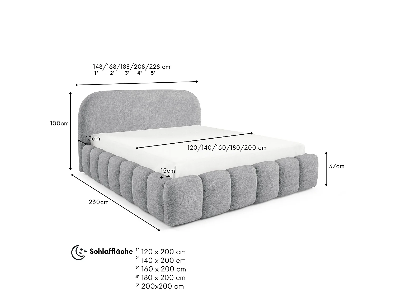 FURNISTAR Gestoffeerd bed BELLURE met opbergruimte 200x200 |Tweepersoonsbed met opbergruimte|Lattenbodem|Boxspring-look|zonder matras - Grijs