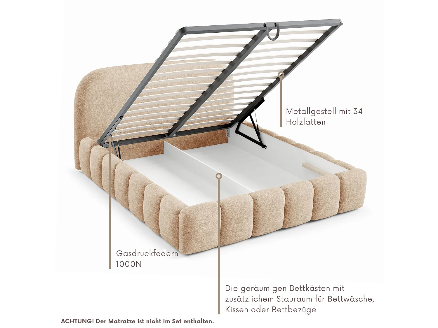 FURNISTAR Gestoffeerd bed BELLURE met opbergruimte 200x200 |Tweepersoonsbed met opbergruimte|Lattenbodem|Boxspring-look|zonder matras - Perzik