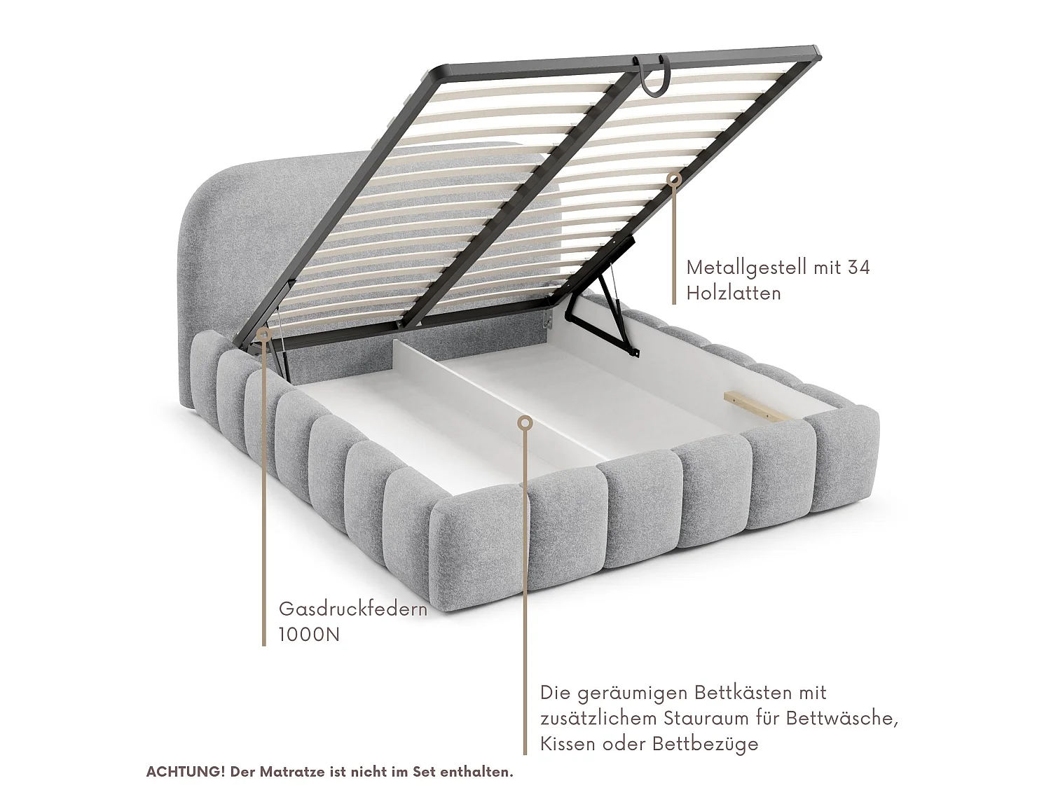 FURNISTAR Gestoffeerd bed BELLURE met opbergruimte 140x200 |Tweepersoonsbed met opbergruimte|Lattenbodem|Boxspring-look|zonder matras - Grijs