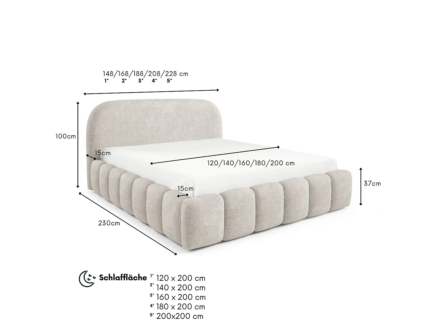 FURNISTAR Gestoffeerd bed BELLURE met opbergruimte 160x200 |Tweepersoonsbed met opbergruimte|Lattenbodem|Boxspring-look|zonder matras - Crème
