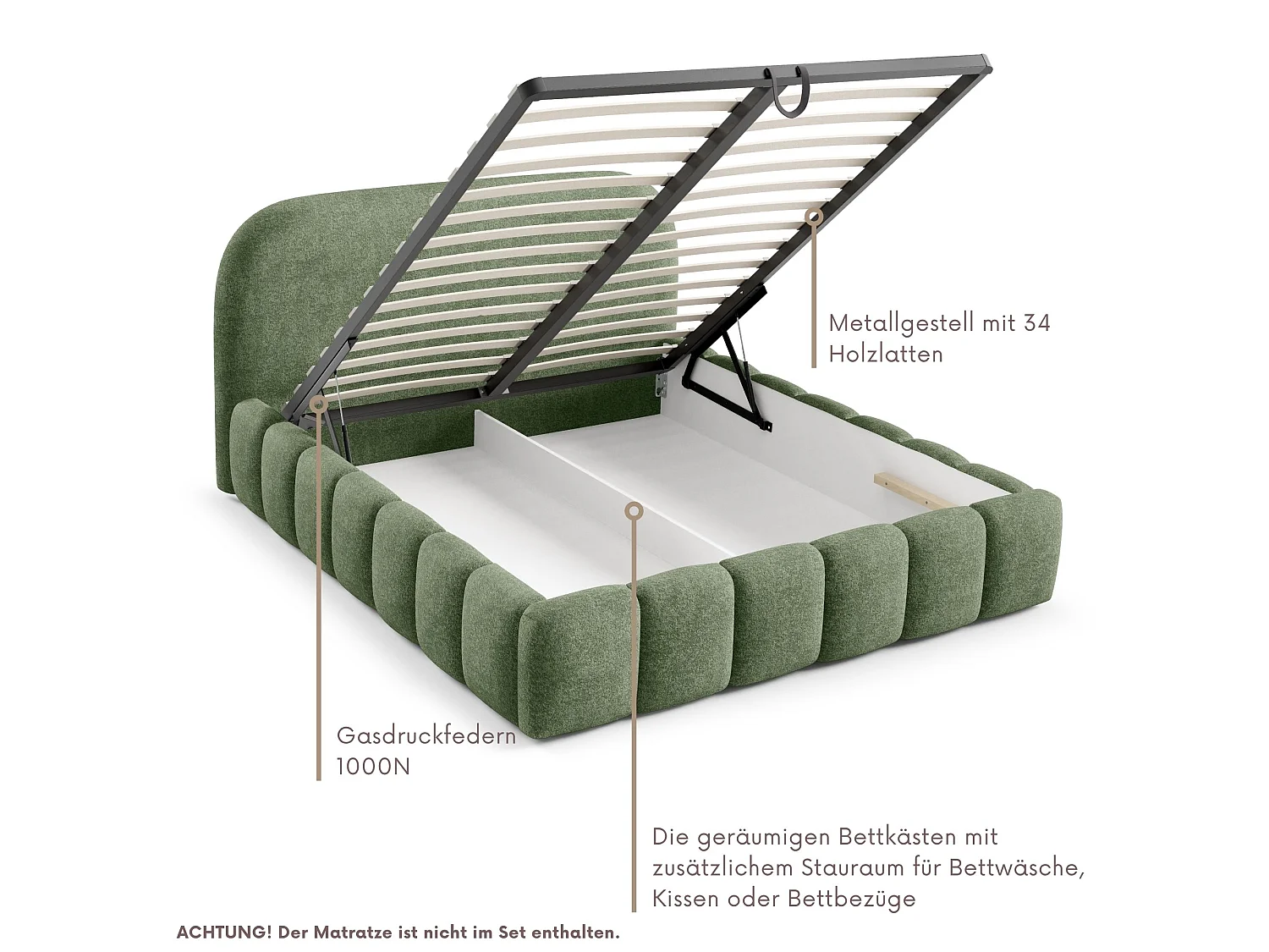 FURNISTAR Gestoffeerd bed BELLURE met opbergruimte 200x200 |Tweepersoonsbed met opbergruimte|Lattenbodem|Boxspring-look|zonder matras - Groen