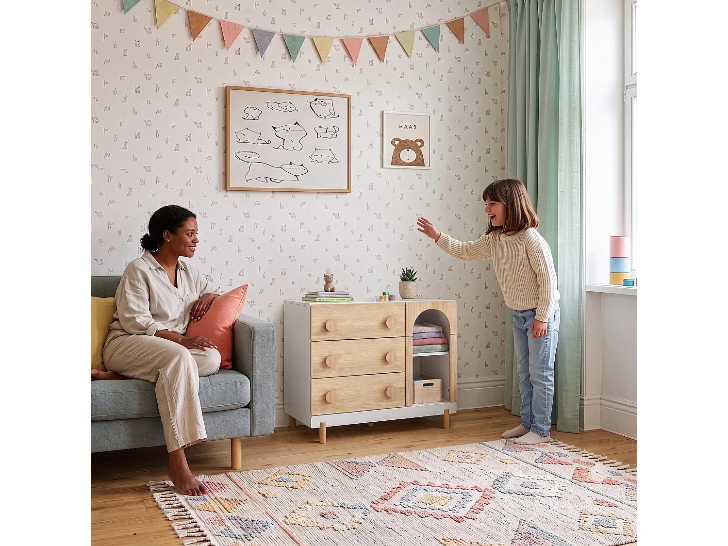 Commode enfant Vaarentaa 79 x 41 x 66 cm blanc effet chêne [en.casa]
