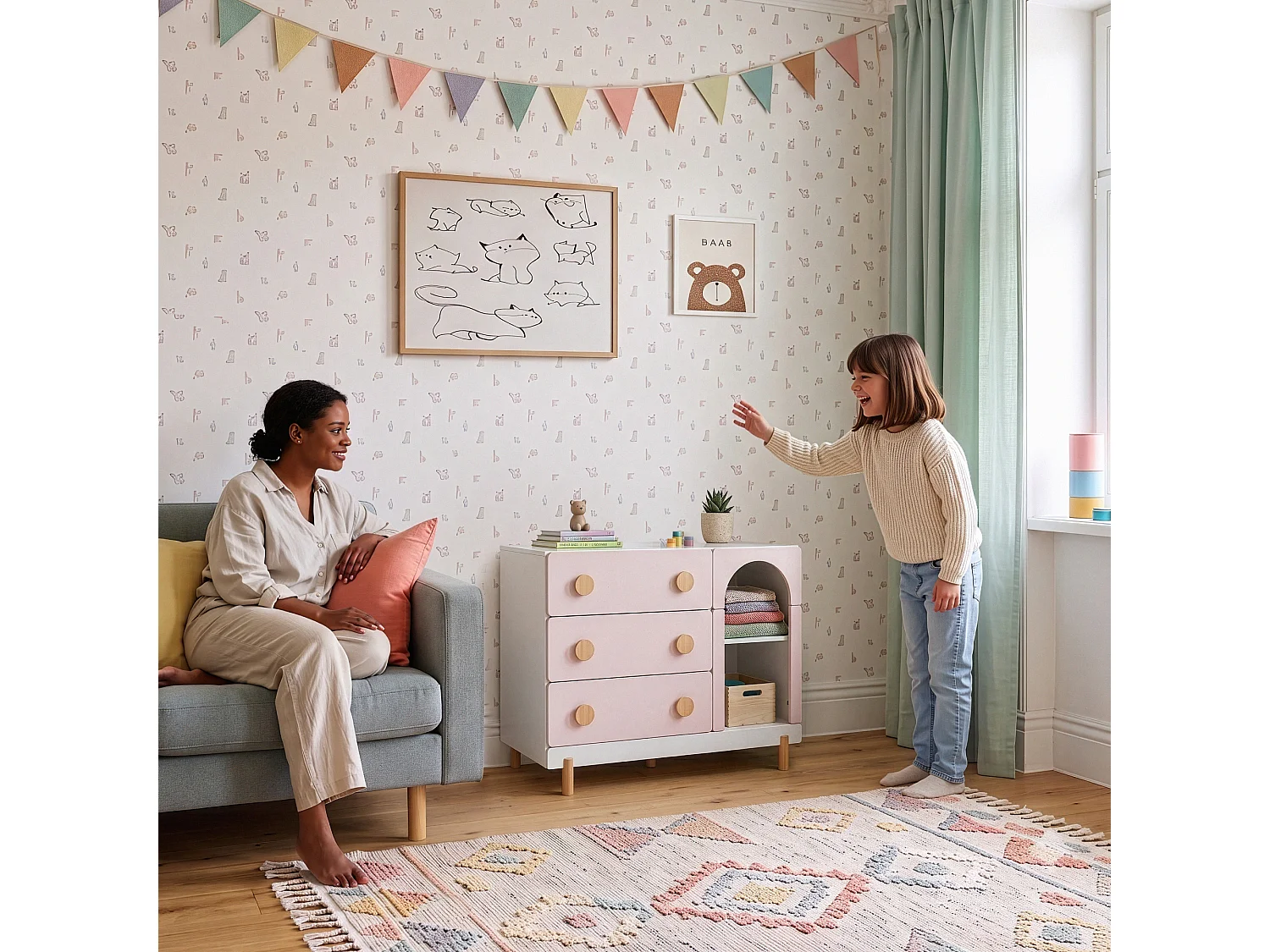 Commode enfant Vaarentaa 79 x 41 x 66 cm blanc rose [en.casa]