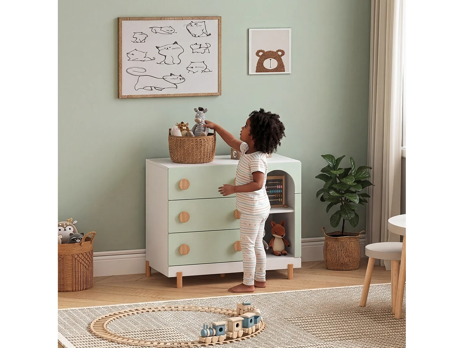 Commode enfant Vaarentaa 79 x 41 x 66 cm blanc vert menthe [en.casa]