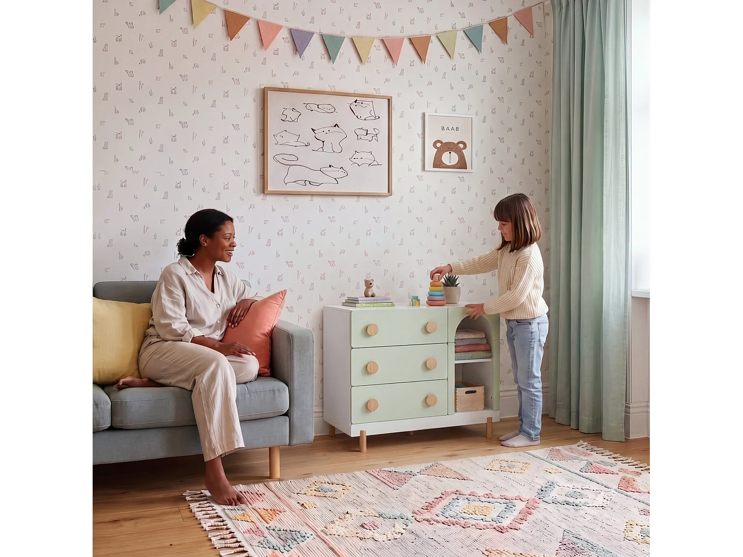 Commode enfant Vaarentaa 79 x 41 x 66 cm blanc vert menthe [en.casa]