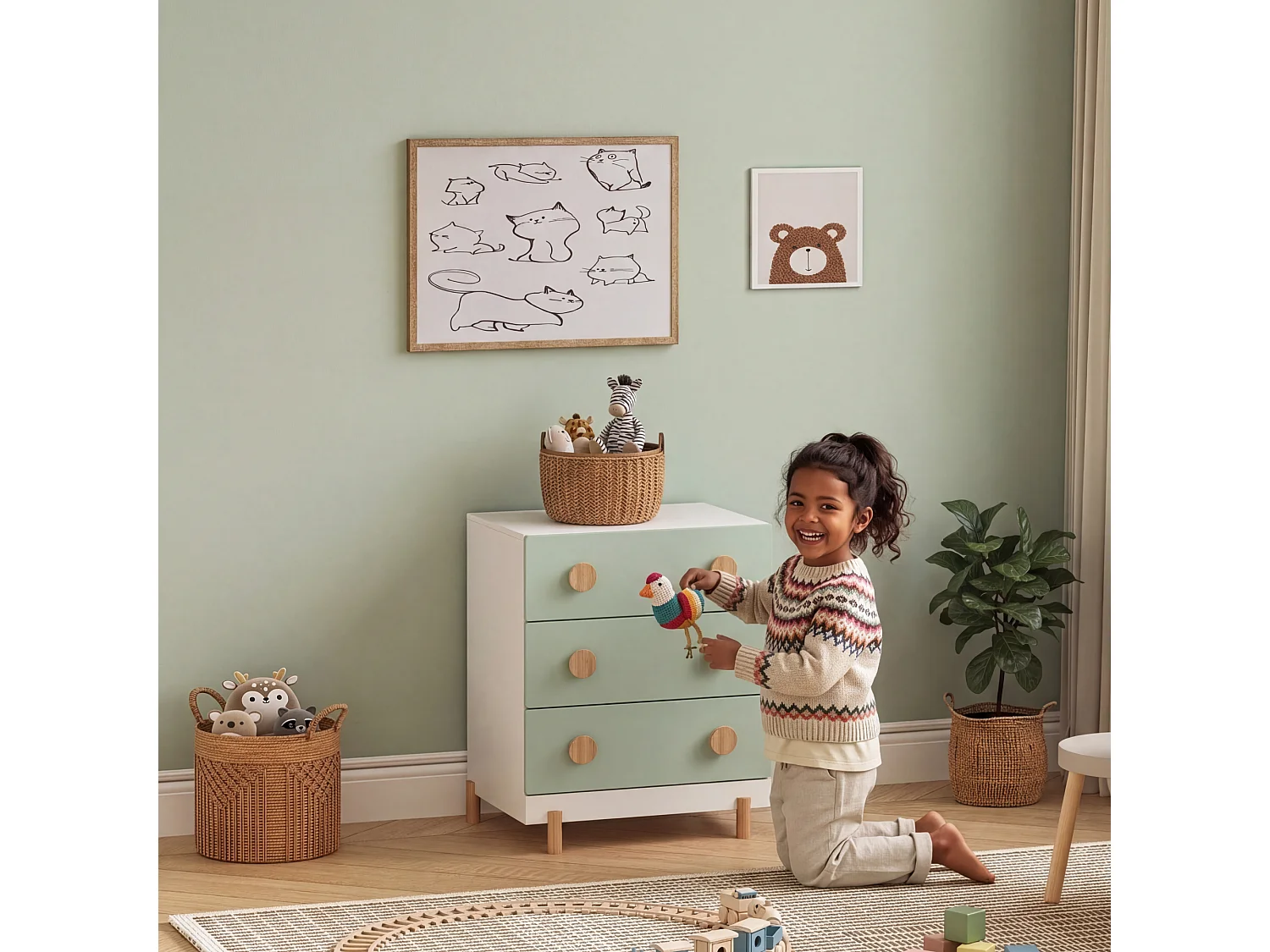 Commode enfant Vaarentaa 55 x 41 x 66 cm blanc vert menthe [en.casa]
