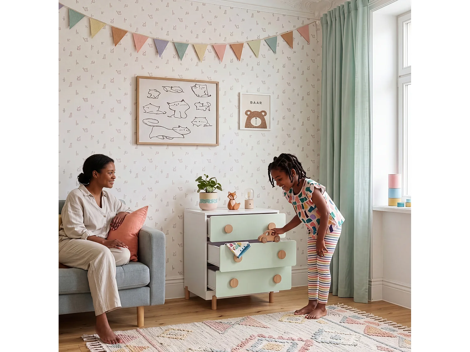 Commode enfant Vaarentaa 55 x 41 x 66 cm blanc vert menthe [en.casa]