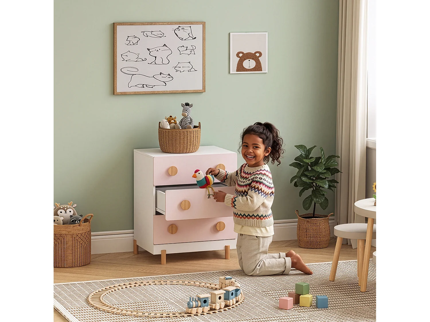 Commode enfant Vaarentaa 55 x 41 x 66 cm blanc rose [en.casa]