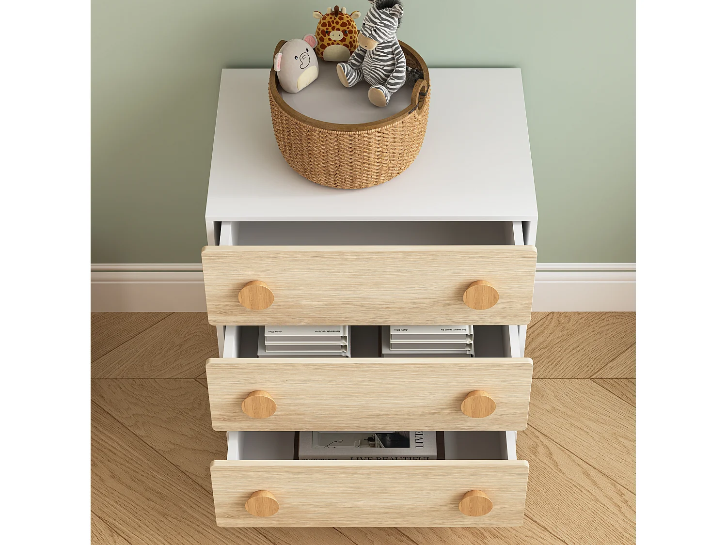 Commode enfant Vaarentaa 55 x 41 x 66 cm blanc effet chêne [en.casa]