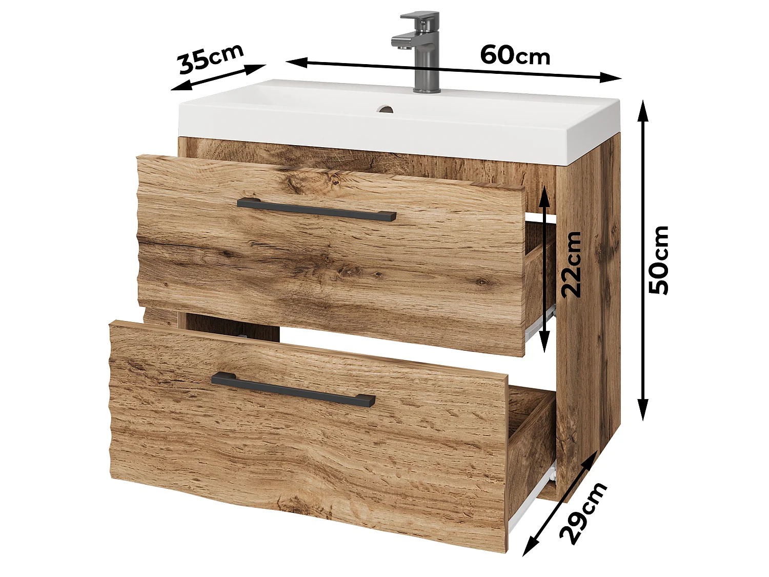 Væghængt badeværelsesskab med håndvask 60 cm, Wotan eg Wave MDF