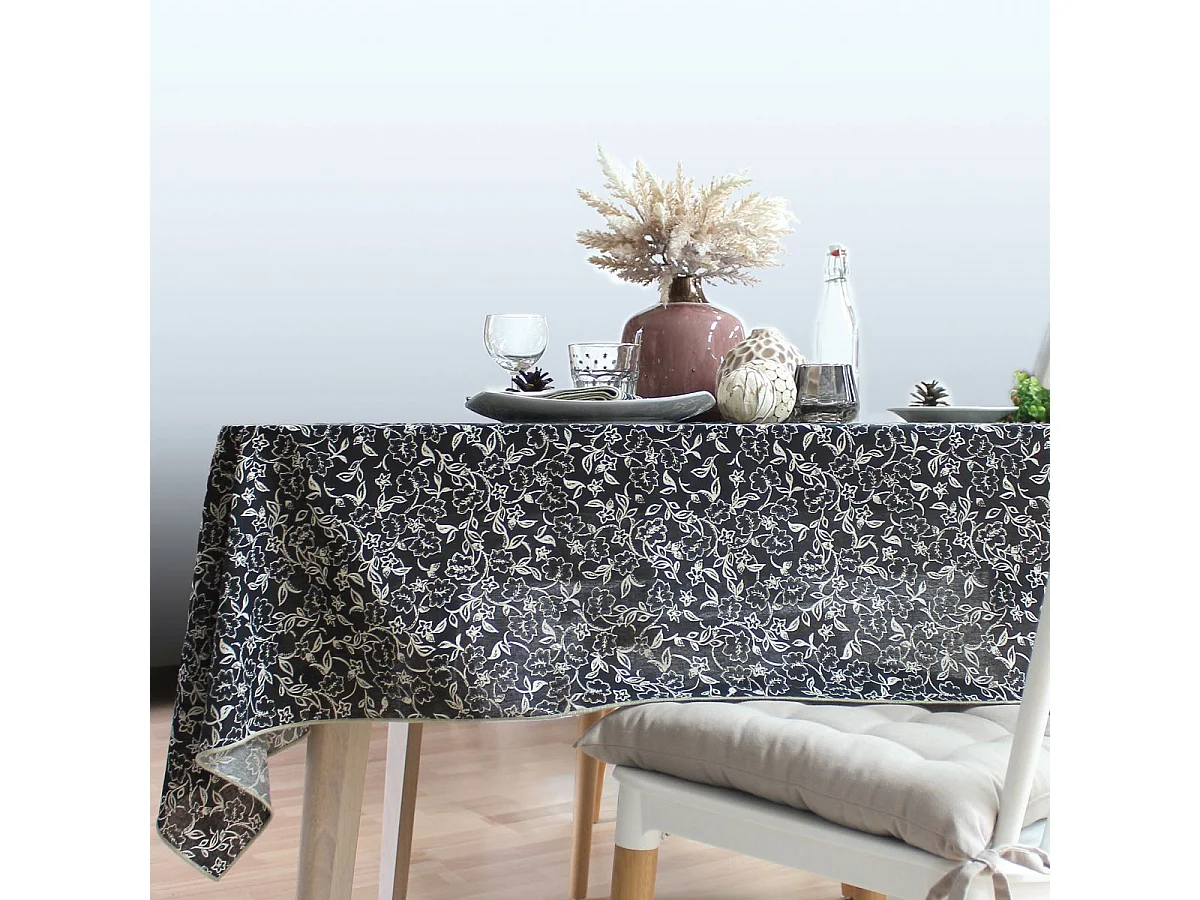 Nappe Déperlante Imprimé "Linette" 140x240cm Noir & Écru