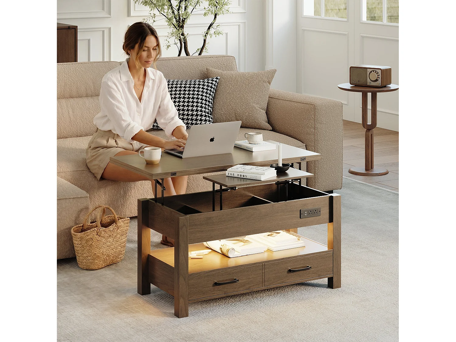 Table basse relevable extensible 4 en 1 avec rangements et 2 tiroirs, table basse multifonction style campagne chic pour salon, Noyer