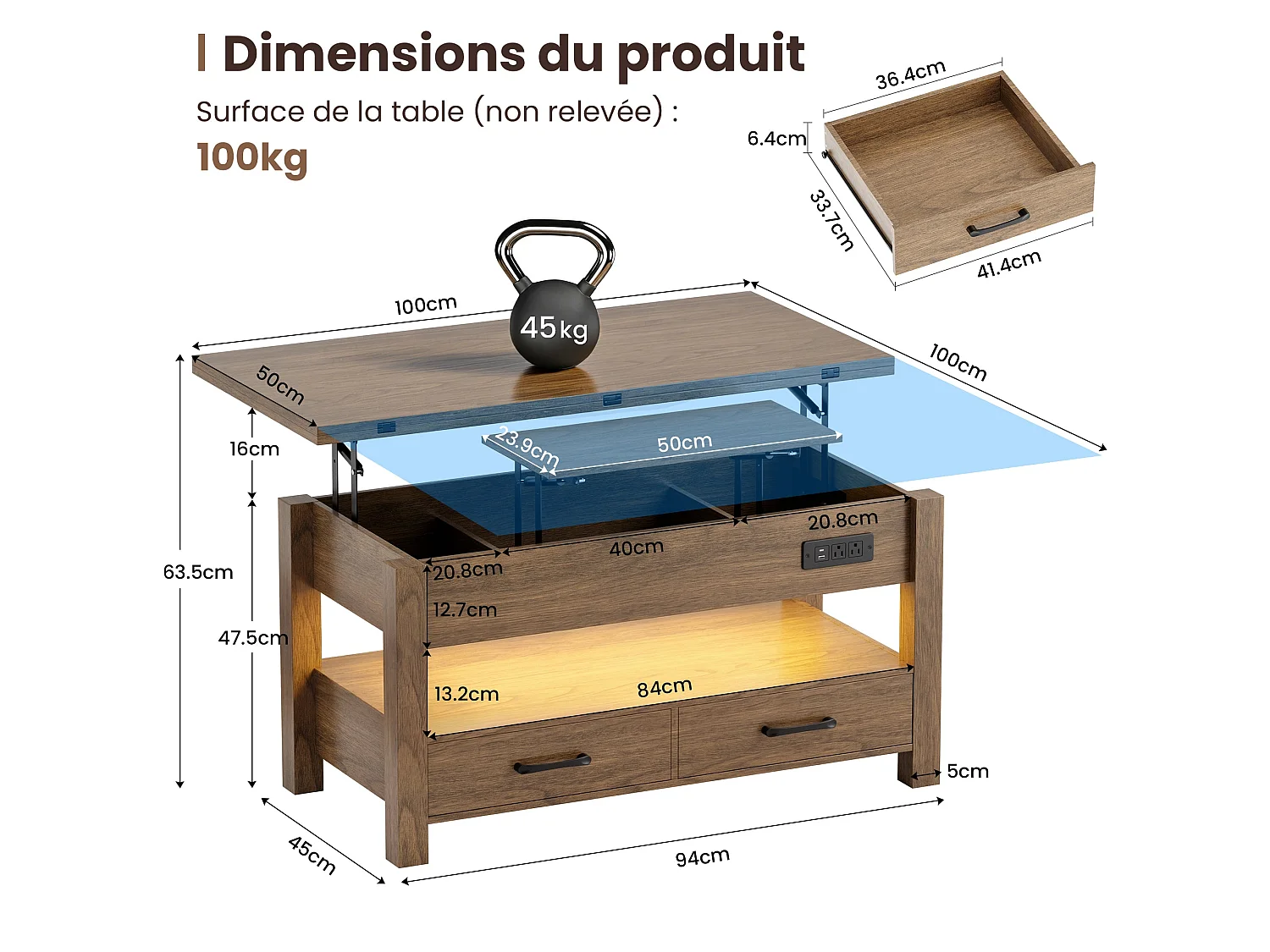 Table basse relevable extensible 4 en 1 avec rangements et 2 tiroirs, table basse multifonction style campagne chic pour salon, Noyer