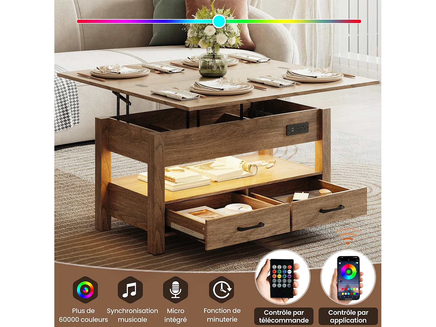 Table basse relevable extensible 4 en 1 avec rangements et 2 tiroirs, table basse multifonction style campagne chic pour salon, Noyer