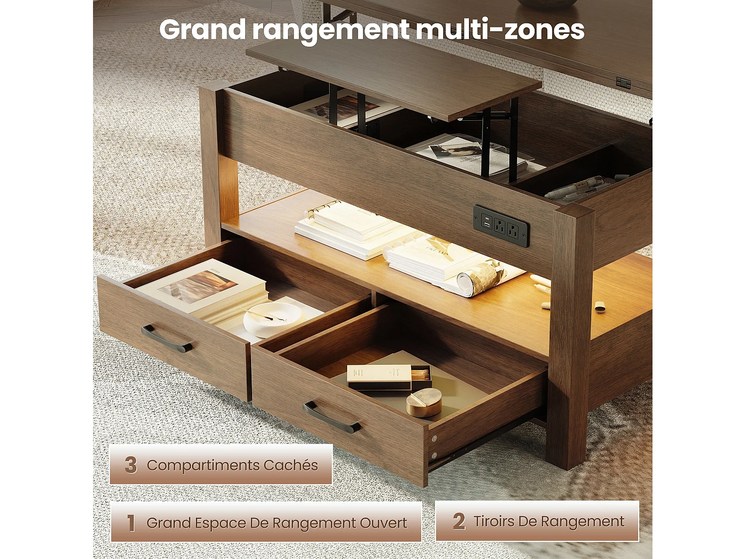 Table basse relevable extensible 4 en 1 avec rangements et 2 tiroirs, table basse multifonction style campagne chic pour salon, Noyer