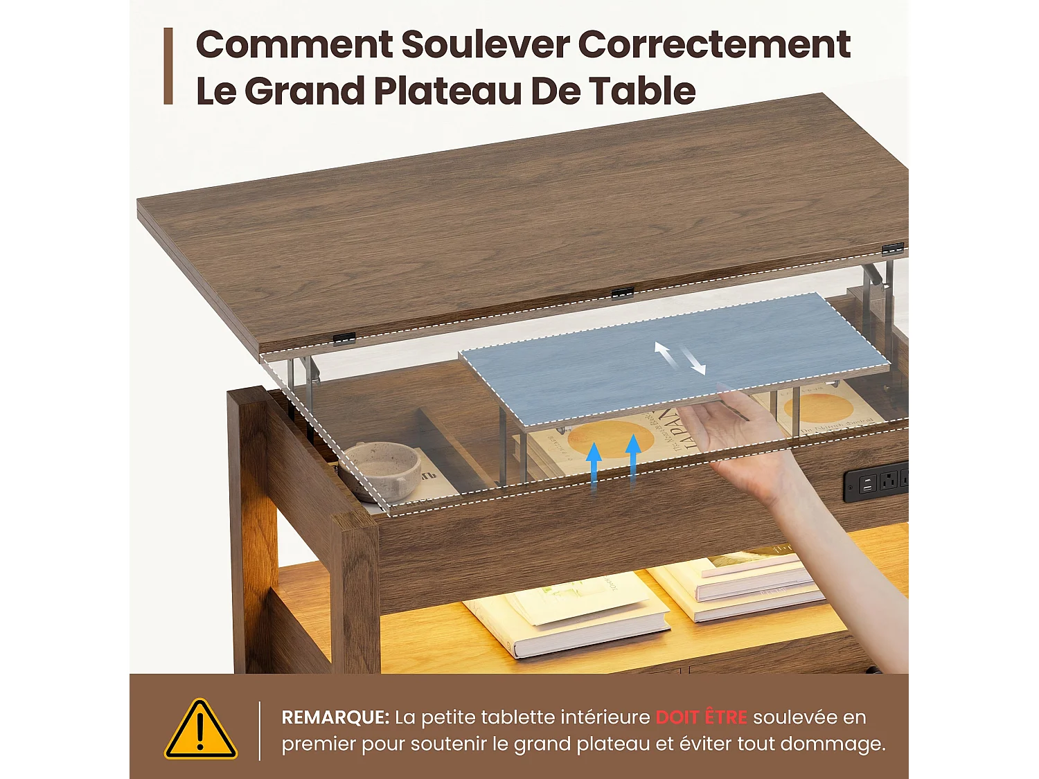 Table basse relevable extensible 4 en 1 avec rangements et 2 tiroirs, table basse multifonction style campagne chic pour salon, Noyer