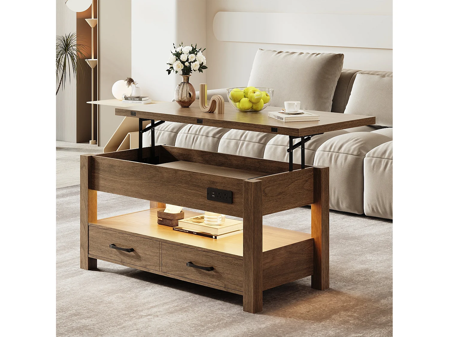 Table basse relevable extensible 4 en 1 avec rangements et 2 tiroirs, table basse multifonction style campagne chic pour salon, Noyer