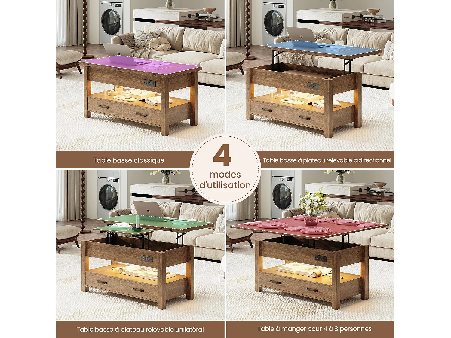 Table basse relevable extensible 4 en 1 avec rangements et 2 tiroirs, table basse multifonction style campagne chic pour salon, Noyer