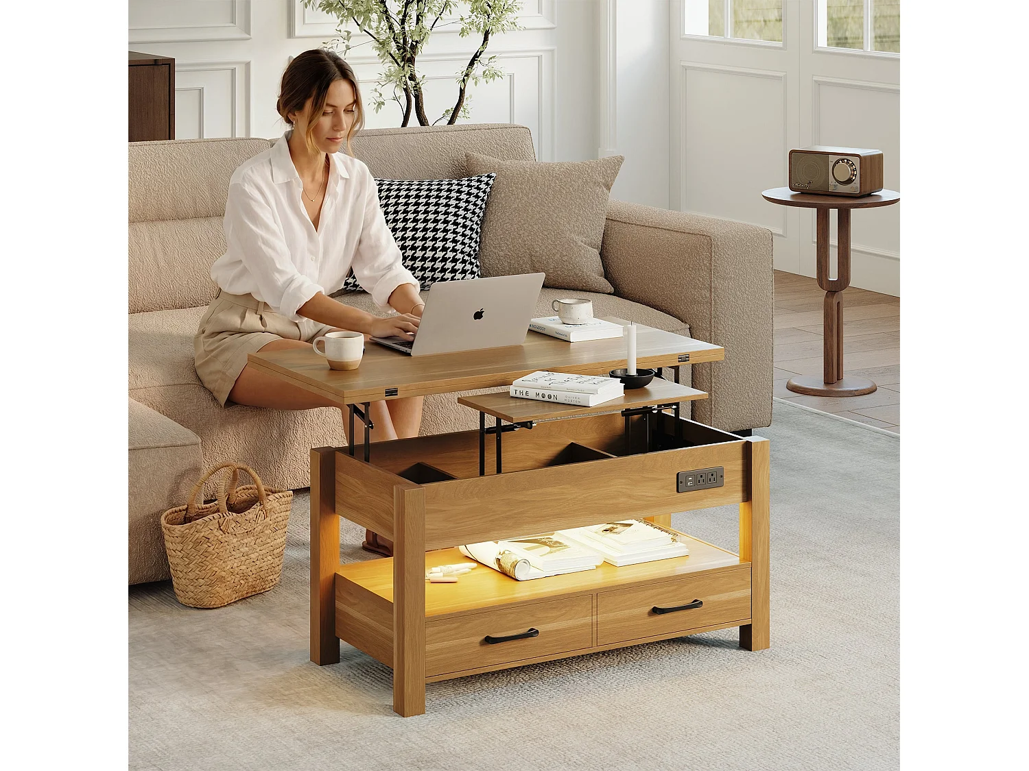 Table basse relevable extensible 4 en 1 avec rangements et 2 tiroirs, table basse multifonction style campagne chic pour salon, Bois naturel