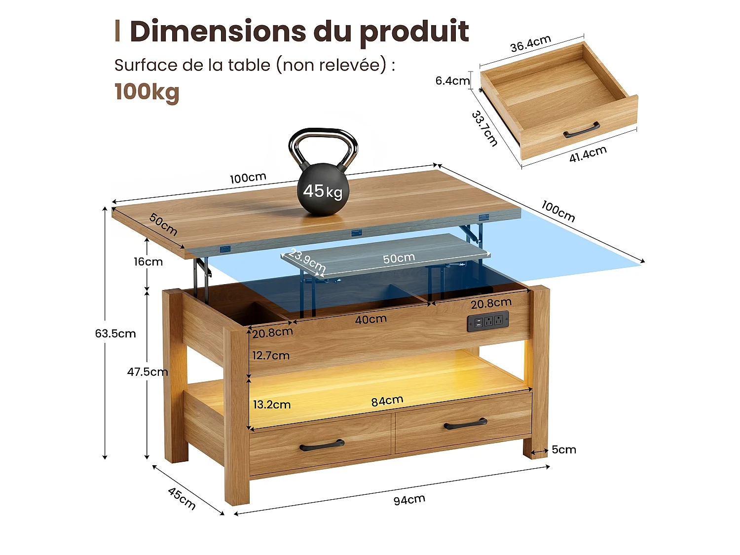 Table basse relevable extensible 4 en 1 avec rangements et 2 tiroirs, table basse multifonction style campagne chic pour salon, Bois naturel