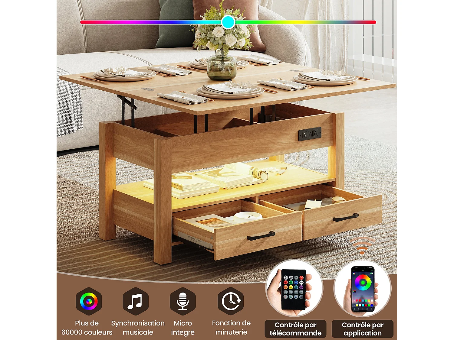 Table basse relevable extensible 4 en 1 avec rangements et 2 tiroirs, table basse multifonction style campagne chic pour salon, Bois naturel