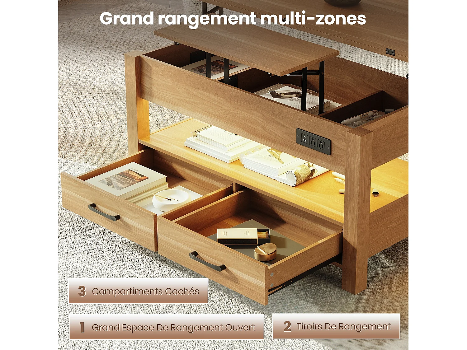Table basse relevable extensible 4 en 1 avec rangements et 2 tiroirs, table basse multifonction style campagne chic pour salon, Bois naturel