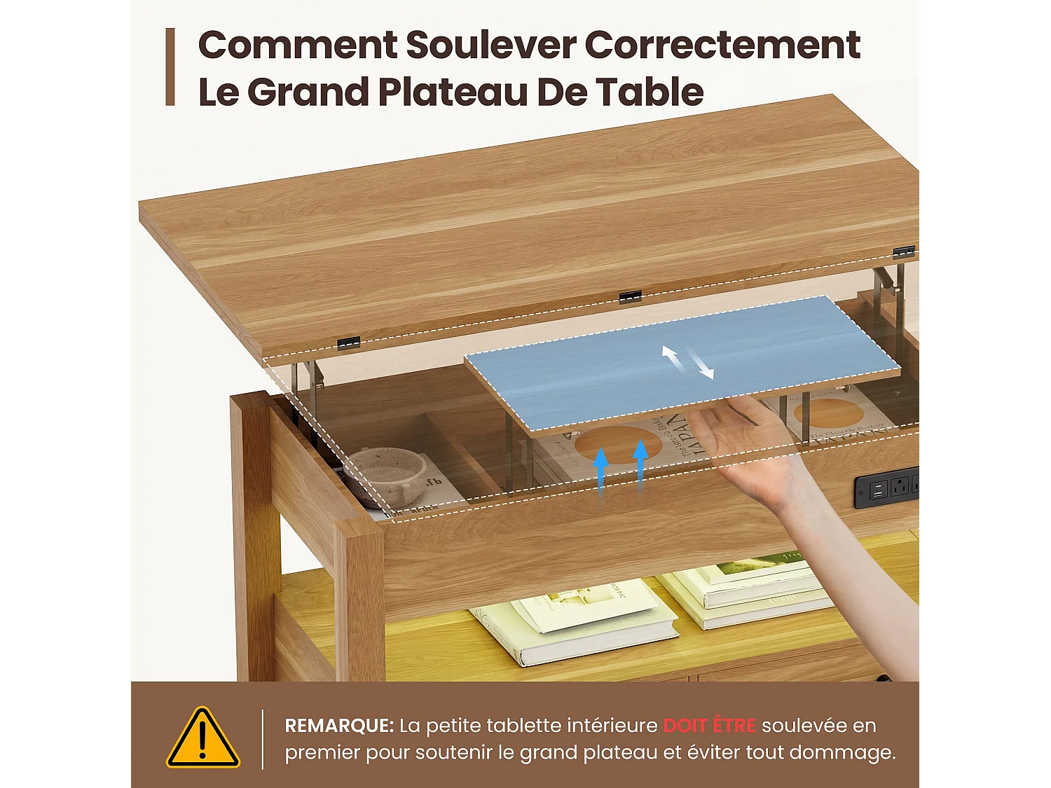 Table basse relevable extensible 4 en 1 avec rangements et 2 tiroirs, table basse multifonction style campagne chic pour salon, Bois naturel