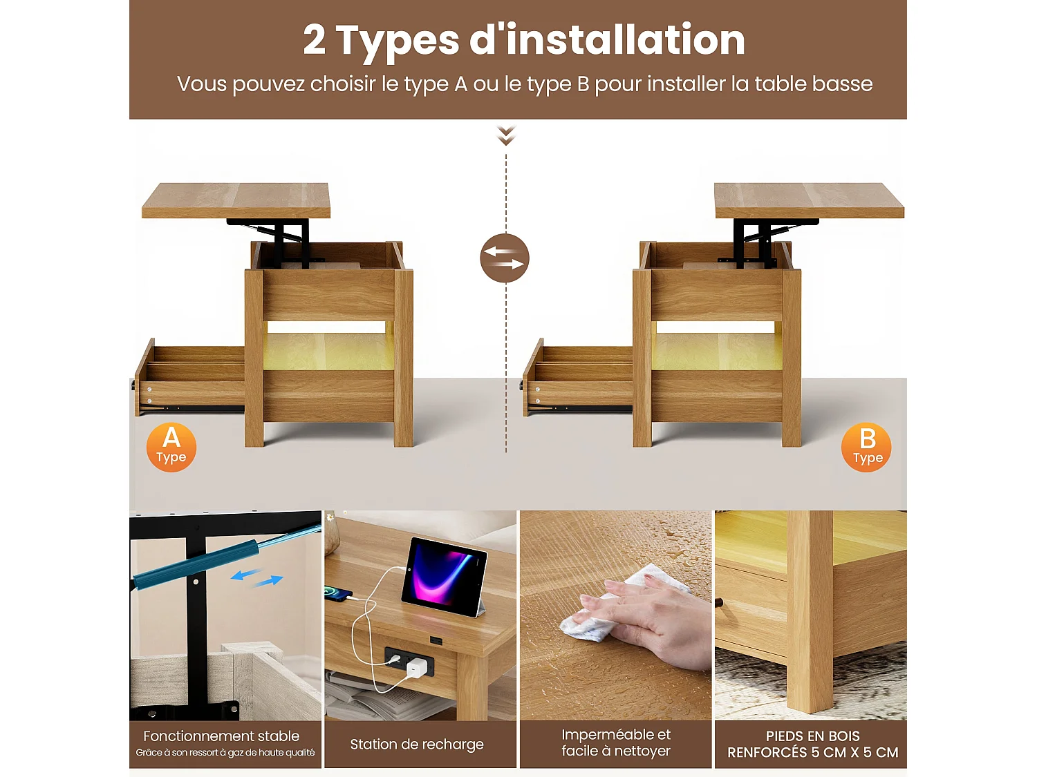Table basse relevable extensible 4 en 1 avec rangements et 2 tiroirs, table basse multifonction style campagne chic pour salon, Bois naturel