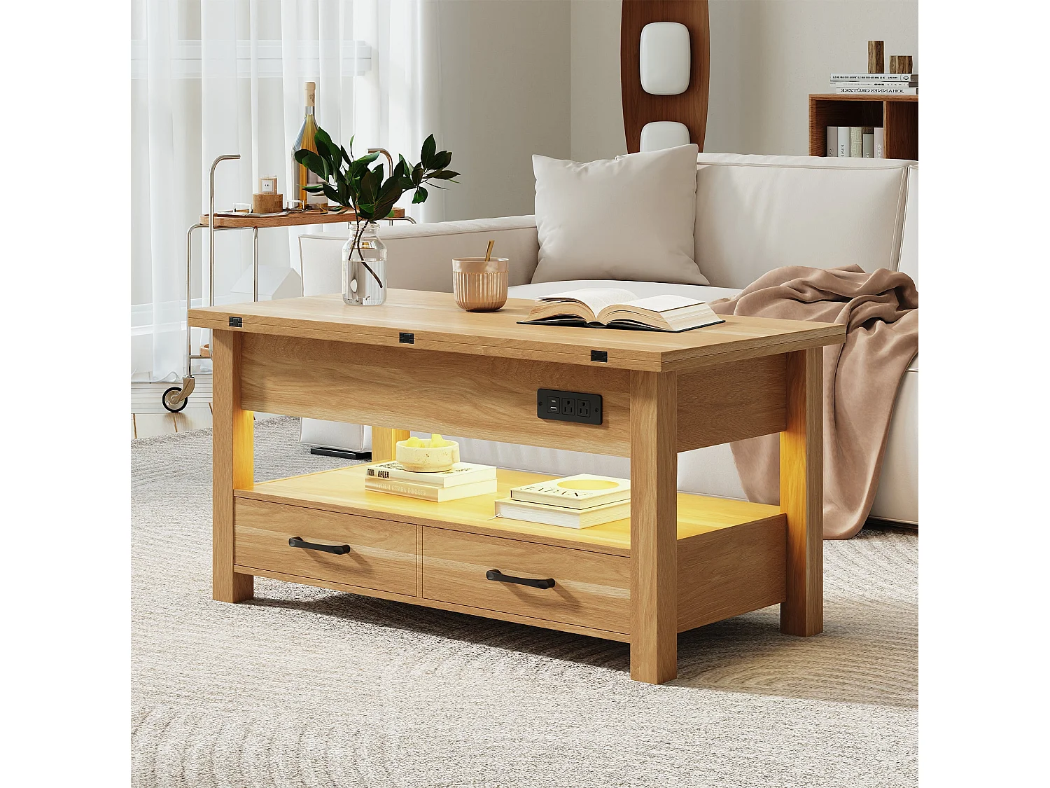 Table basse relevable extensible 4 en 1 avec rangements et 2 tiroirs, table basse multifonction style campagne chic pour salon, Bois naturel