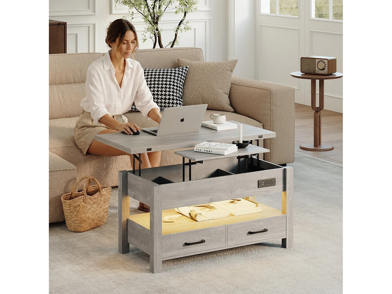 Table basse relevable extensible 4 en 1 avec rangements et 2 tiroirs, table basse multifonction style campagne chic pour salon, Taupe