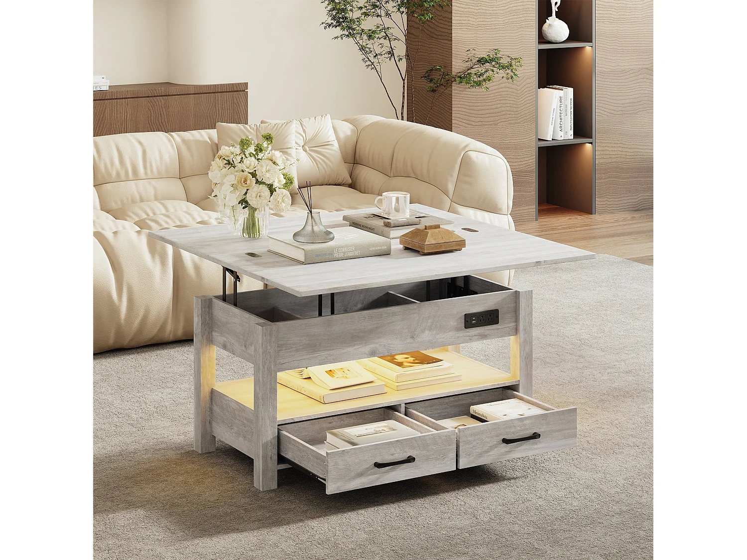 Table basse relevable extensible 4 en 1 avec rangements et 2 tiroirs, table basse multifonction style campagne chic pour salon, Taupe