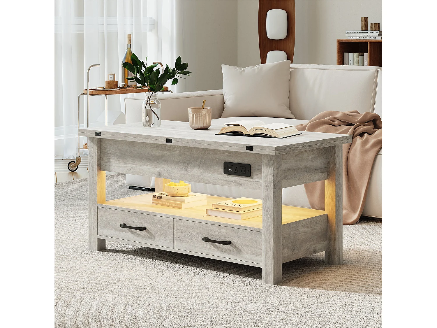 Table basse relevable extensible 4 en 1 avec rangements et 2 tiroirs, table basse multifonction style campagne chic pour salon, Taupe