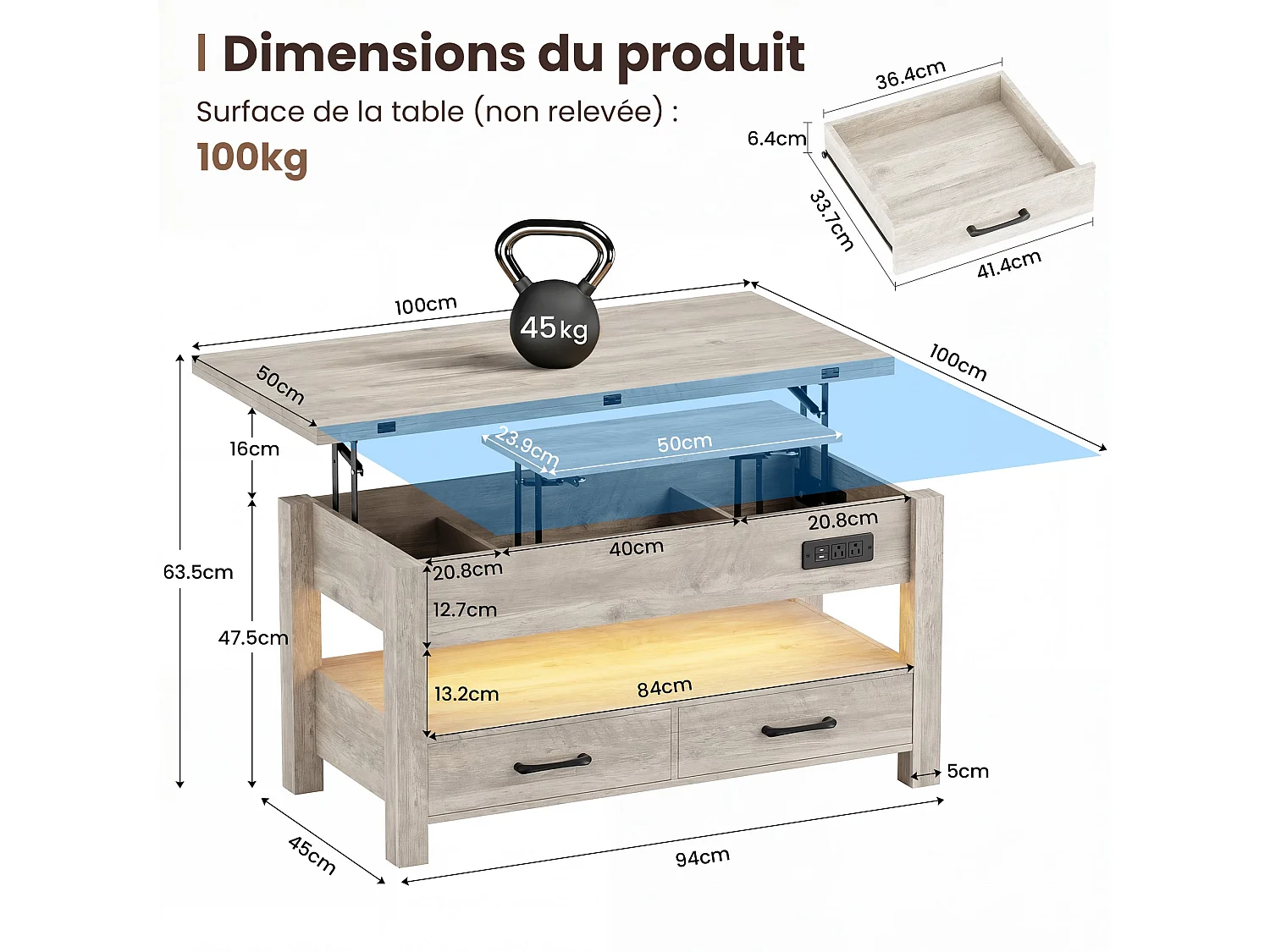 Table basse relevable extensible 4 en 1 avec rangements et 2 tiroirs, table basse multifonction style campagne chic pour salon, Taupe