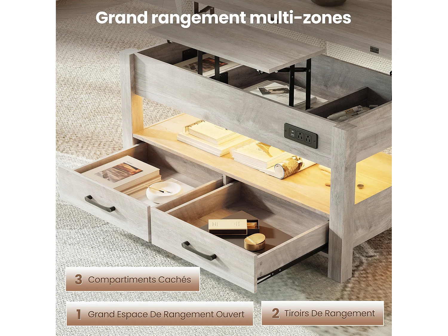 Table basse relevable extensible 4 en 1 avec rangements et 2 tiroirs, table basse multifonction style campagne chic pour salon, Taupe