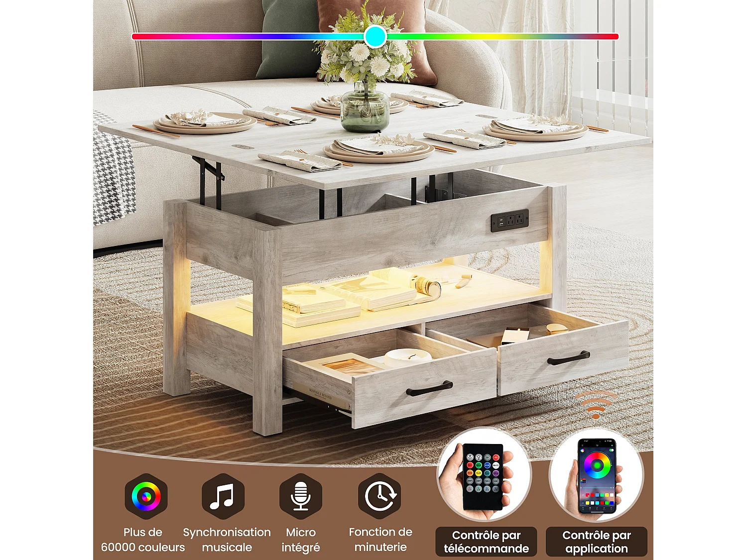 Table basse relevable extensible 4 en 1 avec rangements et 2 tiroirs, table basse multifonction style campagne chic pour salon, Taupe