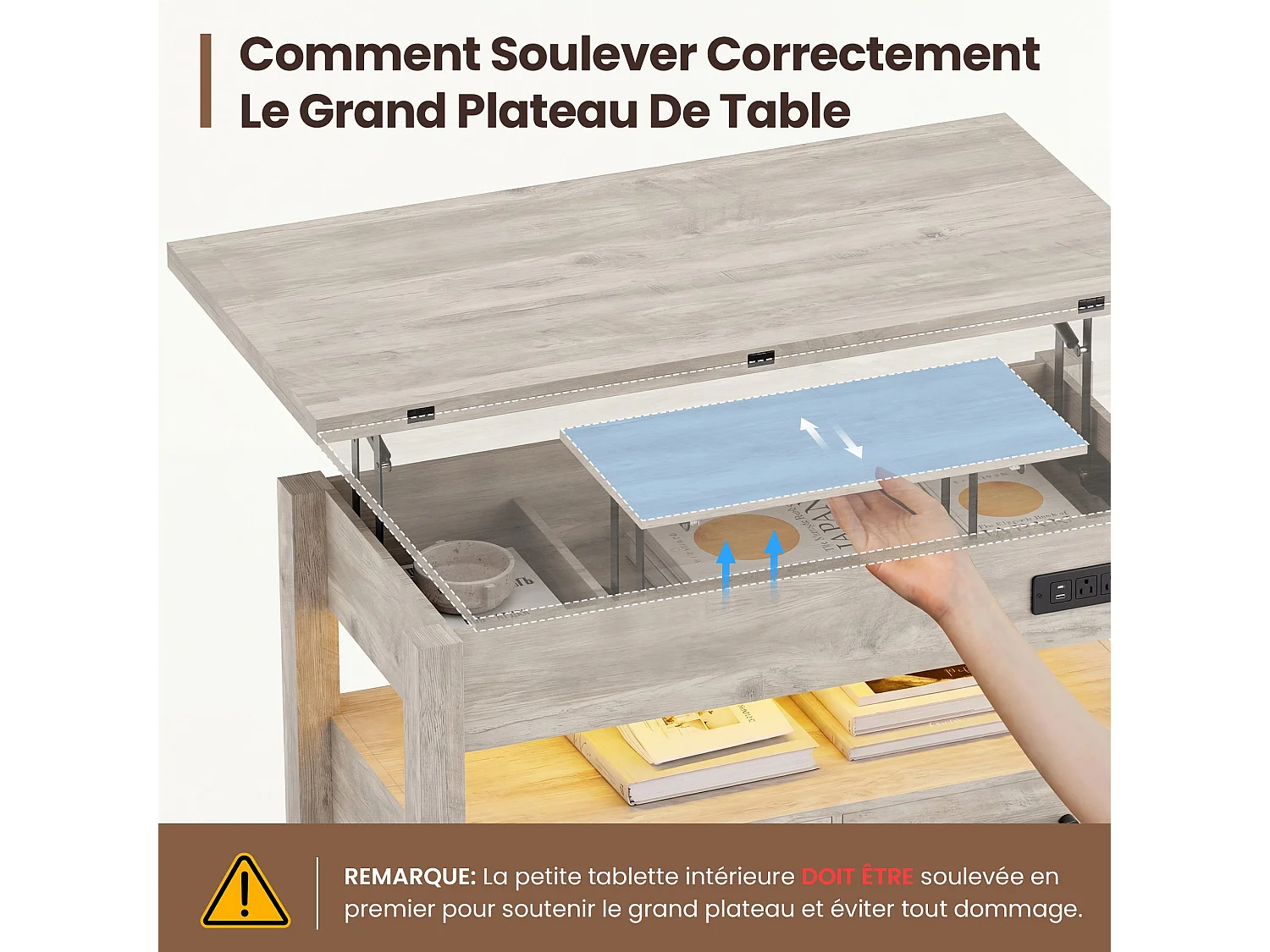 Table basse relevable extensible 4 en 1 avec rangements et 2 tiroirs, table basse multifonction style campagne chic pour salon, Taupe