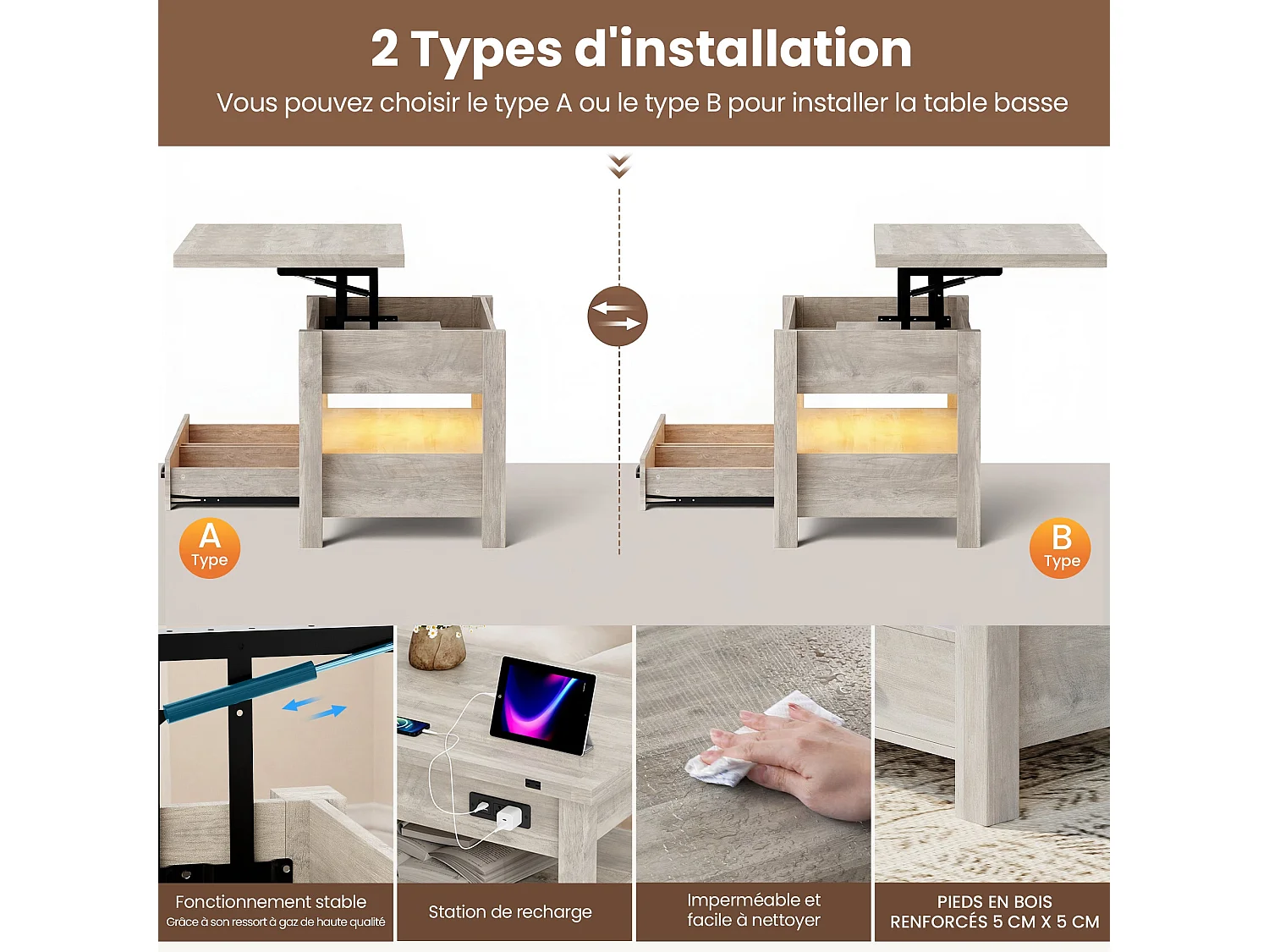 Table basse relevable extensible 4 en 1 avec rangements et 2 tiroirs, table basse multifonction style campagne chic pour salon, Taupe