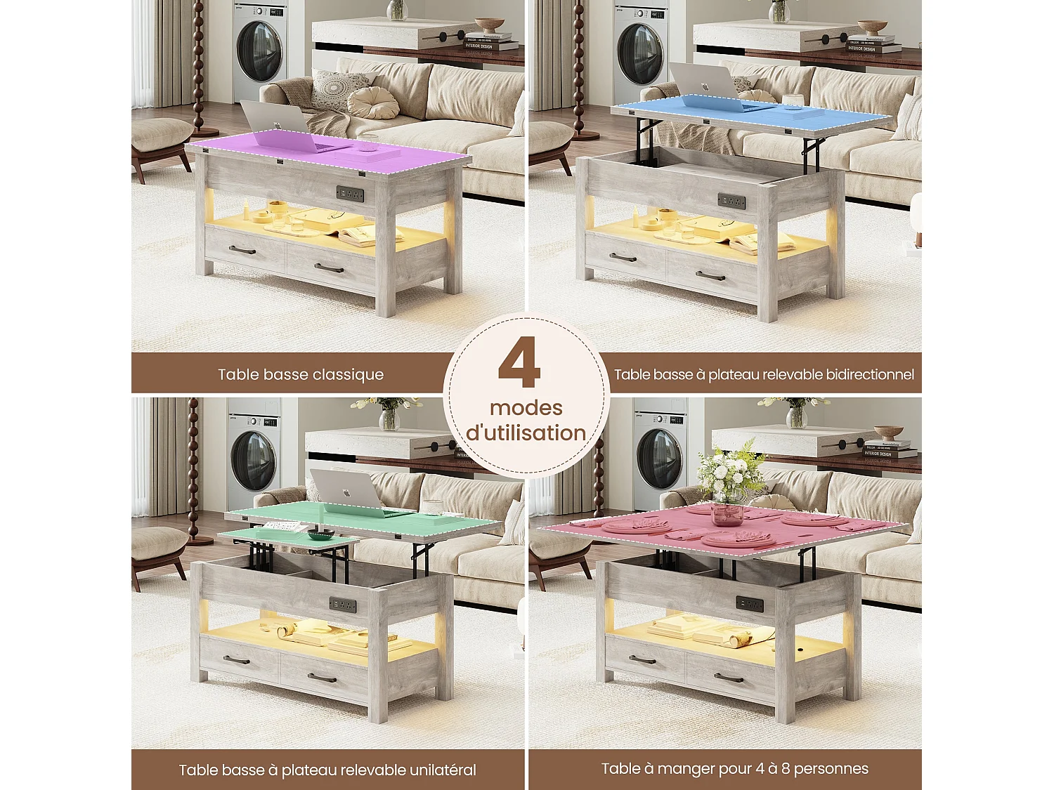 Table basse relevable extensible 4 en 1 avec rangements et 2 tiroirs, table basse multifonction style campagne chic pour salon, Taupe