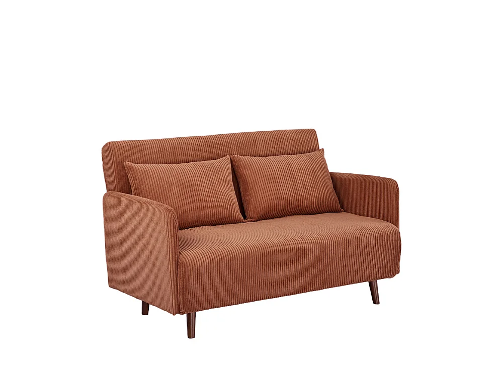 Belushi - Canapé convertible 2 places en velours côtelé pieds bois foncé - Terracotta