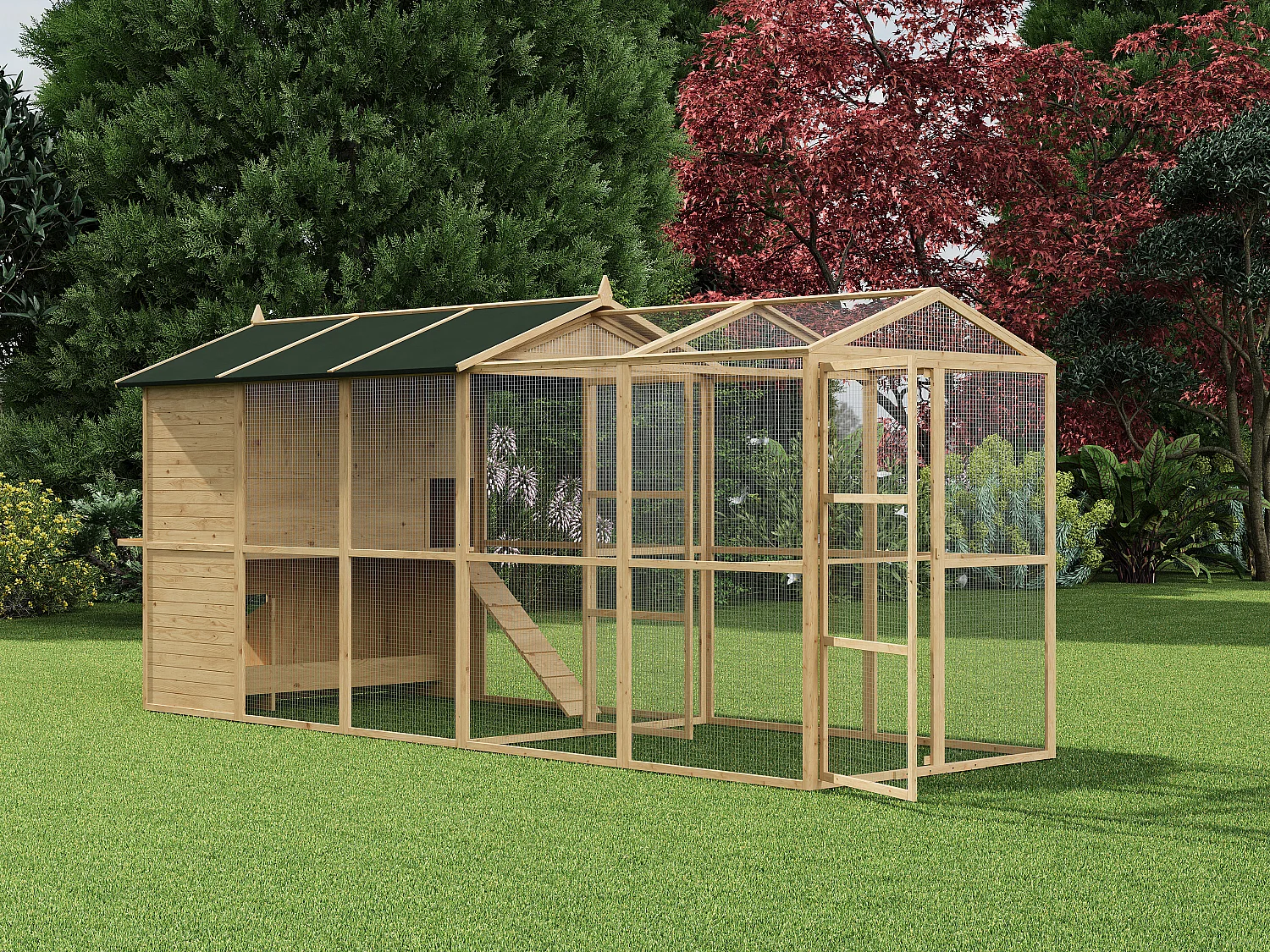 Ensemble poulailler et extension grillagé en bois - 10 poules - Naturel - FERAS