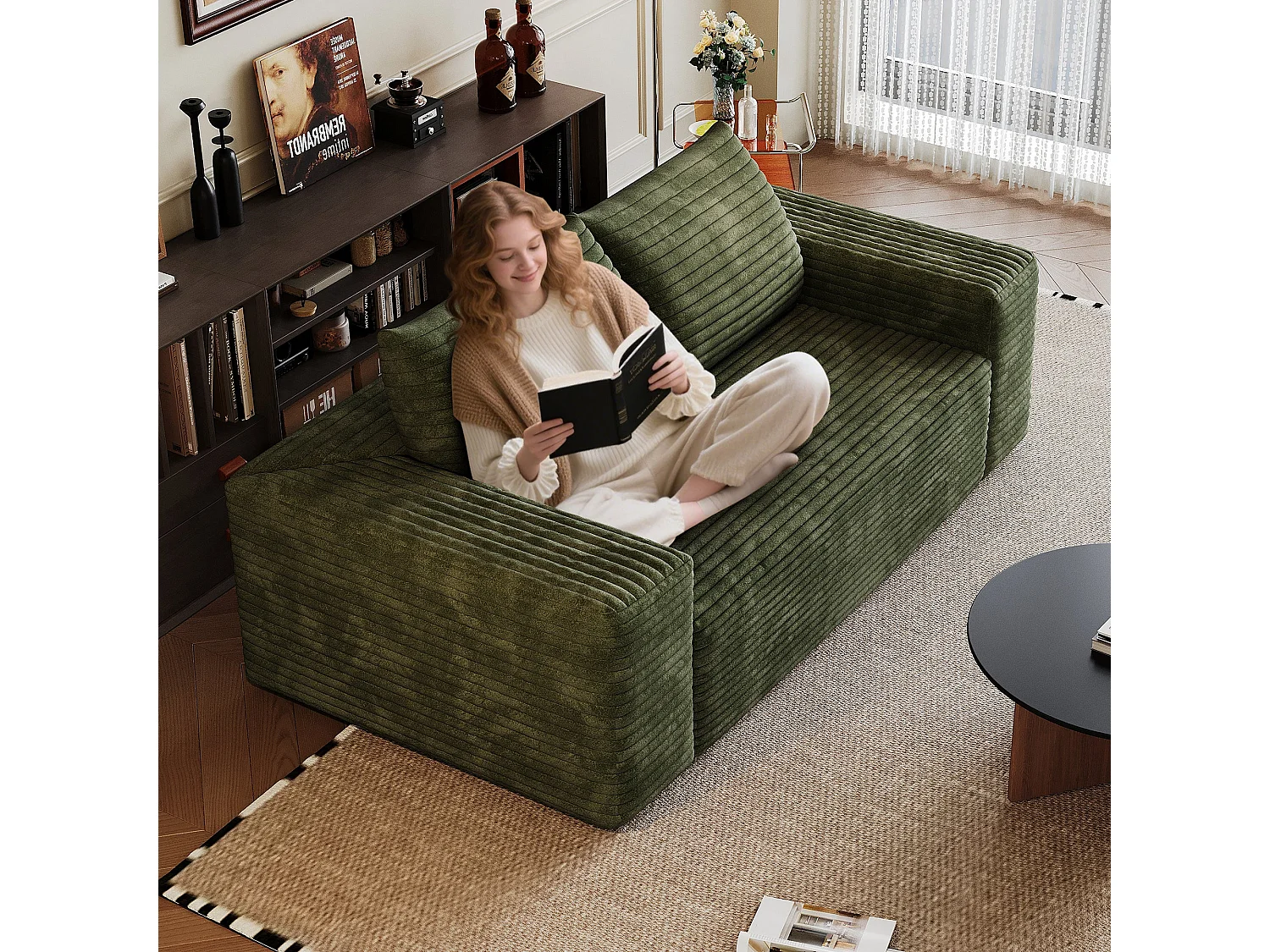 Canapé 2 places Loveseat en velours côtelé vert sans montage