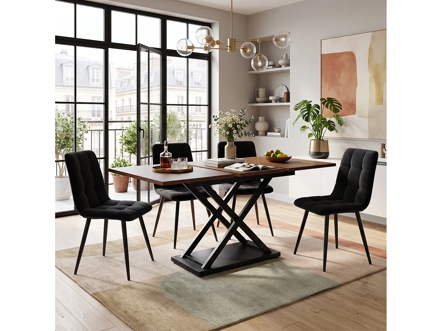 Ensemble table à manger extensible effet noyer et 4 chaises en velours