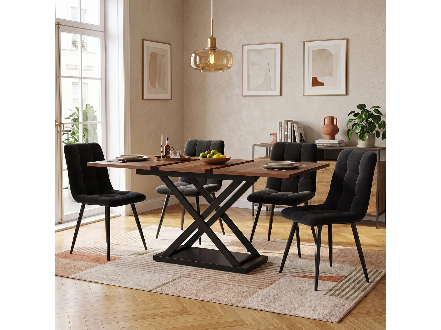 Ensemble table à manger extensible effet noyer et 4 chaises en velours