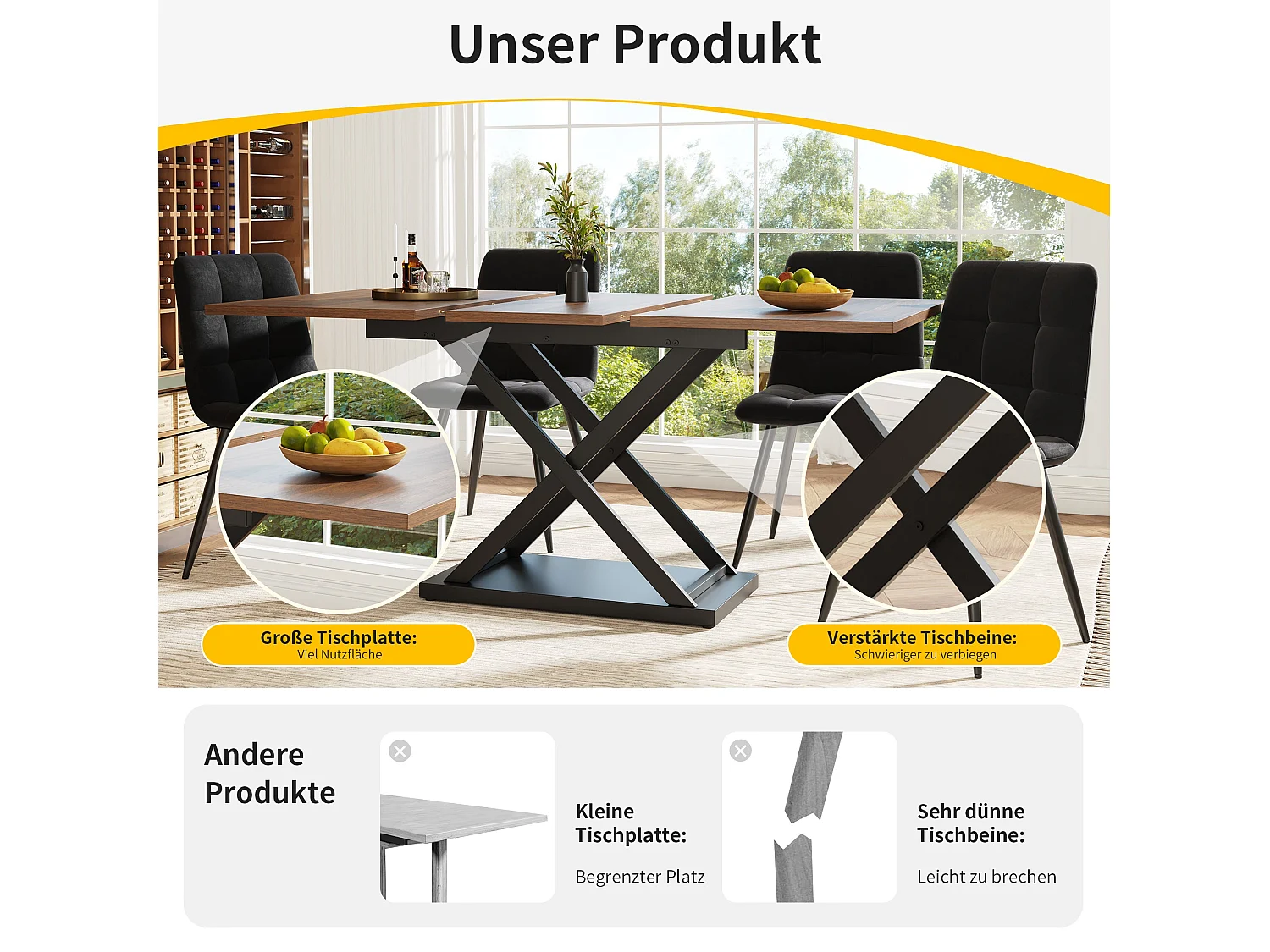 Ensemble table à manger extensible effet noyer et 4 chaises en velours