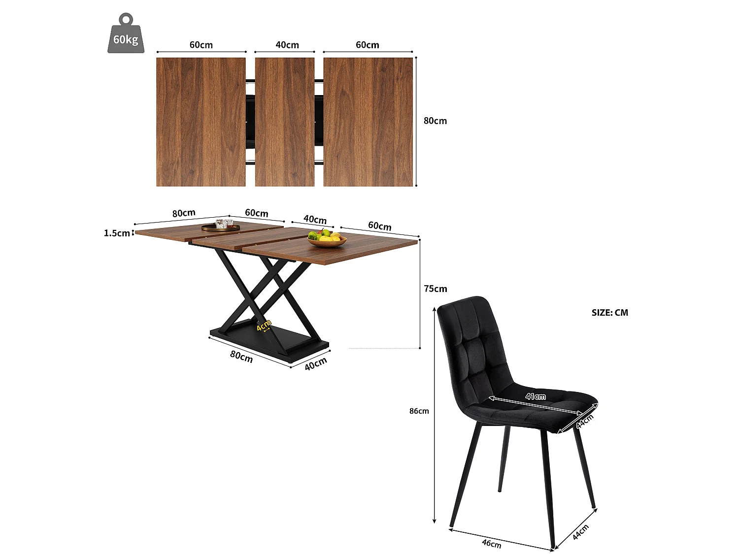 Ensemble table à manger extensible effet noyer et 4 chaises en velours